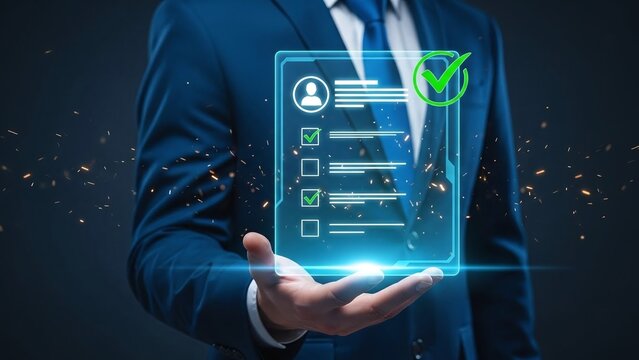 Man in suit holding virtual checklist with green checkmarks