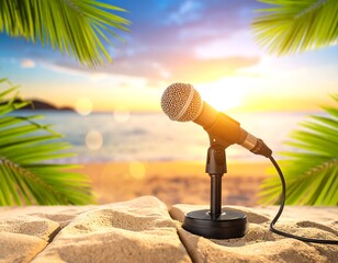 Microphone on a sandy surface before a beach scene and sunset; palm fronds overhead create a framed feel