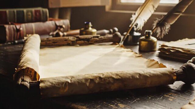 An old scroll on a wooden desk with books, ink bottles, quills, and other writing accessories illuminated by warm sunlight