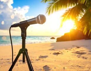 Microphone stands on a sandy beach at sunset, beneath palm trees, with waves gently lapping the shore