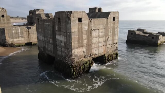 Coastal Ruins: Concrete Caissons Standing in the Ocean Recalling a WWII Engineering Feat