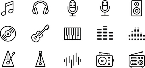 A comprehensive collection of outline music and audio technology icons for various media applications