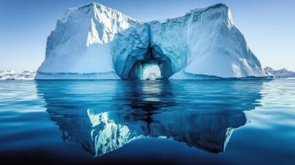 Majestic iceberg with arch-shaped cave floating in serene blue ocean waters