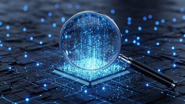 Magnifying glass examining digital data on circuit board - Powered by Adobe