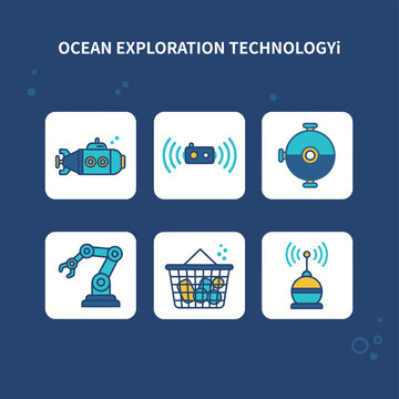 Ocean Exploration Technology Icon Set Featuring Submarines, Sonar Devices, Bathyspheres, Robotic Arms, Sample Baskets, and Underwater Transmitters for Marine Science and Deep Sea Research