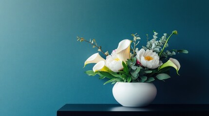 Elegant white peonies and yellow calla lilies in a textured white vase