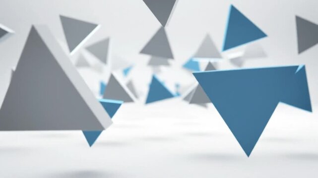 Abstract 3D rendering of floating gray and blue triangles against a white background, creating an architectural design