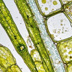 Microscopic plant cells show green structures and translucent walls, creating complex geometric patterns