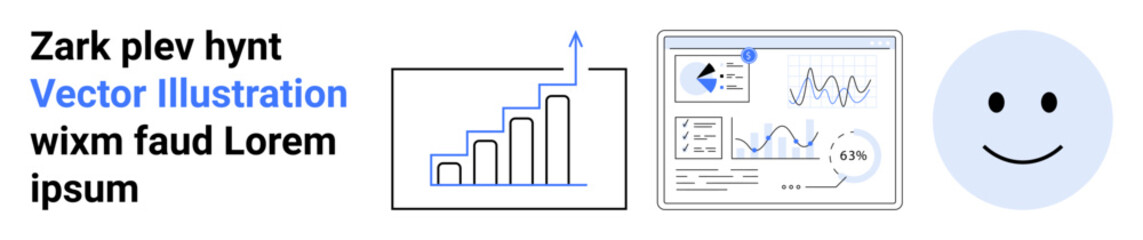 Fototapeta premium Business analytics, technology solutions, market strategy, digital growth, positive feedback, performance tracking. Bar chart, data dashboard smiling face. Business analytics and technology