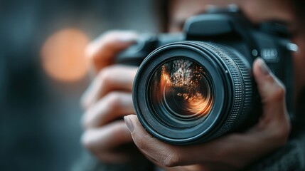 Photographer holding camera lens capturing reflections, copy space