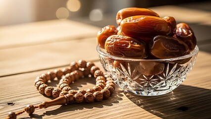 A bowl of sweet dates and a rosary on a wooden table, perfect for Ramadan and Islamic themes