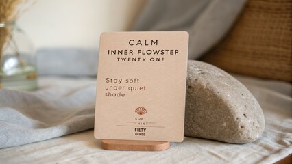 Calm Inner Flowstep Twenty One Inspirational Card Stay Soft Under Quiet Shade on Stylish Background of Rock and Fabric