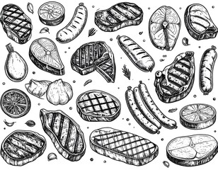 Monochrome detailed sketches of various meats, fish, and garlic are scattered on a blank backdrop