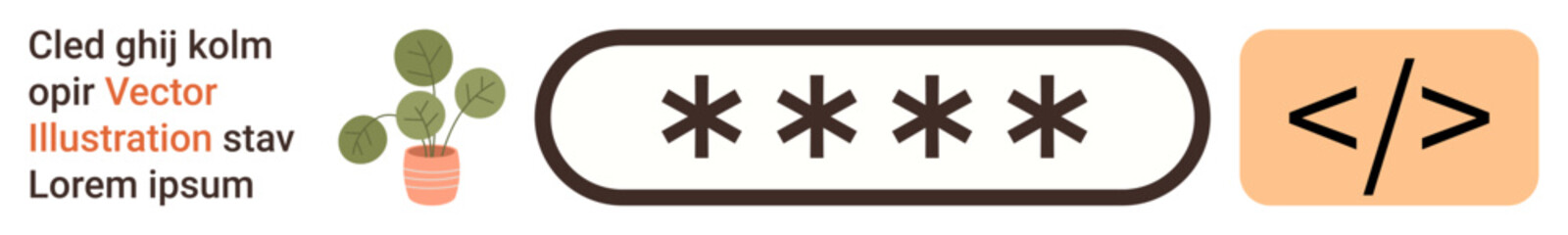 Obraz premium Cybersecurity, digital safety, programming, online protection, data encryption, website development. A password field with masking asterisks, code icon and potted plant. Cybersecurity