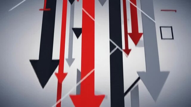 Abstract illustration of downward pointing arrows in red, gray, and black against a gradient background.