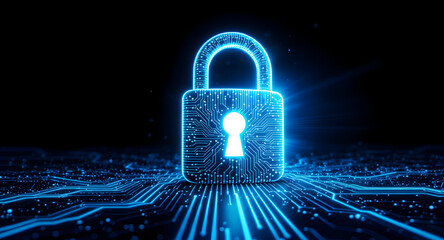 Glowing blue padlock on circuit board for cybersecurity and data protection