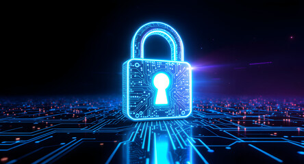 Glowing blue padlock on circuit board represents digital security and data protection