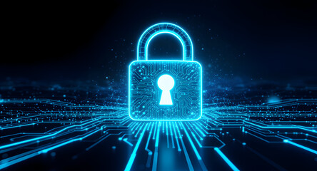 Glowing blue padlock on circuit board background for cybersecurity concept
