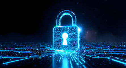 Glowing blue padlock with circuit board design on digital background