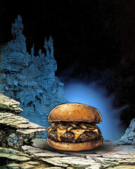 Delicious Cheeseburger in Blue Fantasy Ruins, Comic Book Sketch Style Mixed with Realism, 3D Illustration