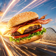 High Speed Burger Flying on Rollercoaster Track with Sparks, Fast Delivery Concept, Dynamic 3D Render