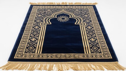 Intricate blue prayer rug with golden islamic designs
