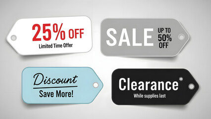 Set of Four Retail Sale Price Tags with 25% Off 50% Discount Clearance Limited Time Offers