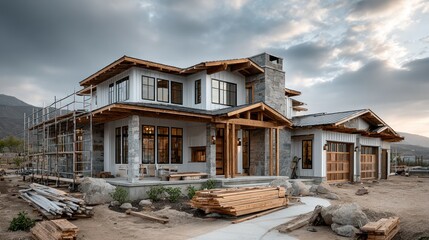 Luxury Modern Home Construction Site with Scenic Mountain Views at Dusk