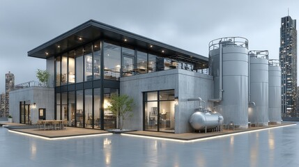 Modern industrial building with sleek design and large storage tanks showcasing urban architecture