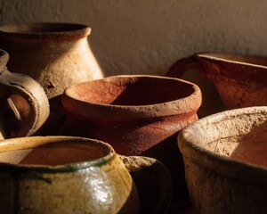 Artisanal background featuring aged ceramic pots, bowls, and vases with imperfect shapes and natural mineral glaze variations