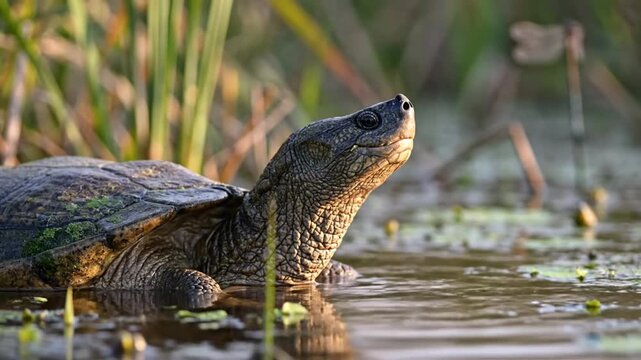 Snapping turtle in tranquil water, basking in sunlight, capturing a serene moment in its natural habitat