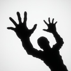 Dark human silhouette with outstretched hands presses toward a bright white background, creating an eerie, suspenseful mood suited for horror, mystery, or anxiety concepts.
