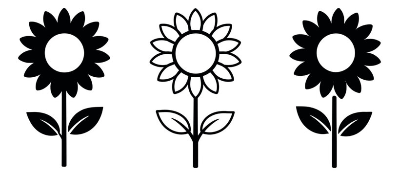 Black line art and silhouette flower icon set featuring sunflowers for spring and nature designs