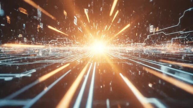 Abstract digital network background with glowing lines and binary code, representing data flow.