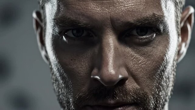 Intense close-up of a determined man with sweat on his face, eyes focused and staring at the camera, showing resolve - Powered by Adobe