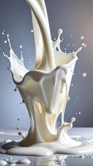 Milk cascade White liquid spills, forming droplets and a glossy surface reflecting light, set against a soft blue backdrop