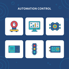 Fototapeta premium Industrial Automation Control System Icons Featuring Emergency Stop Button Monitor Dashboard Control Unit Traffic Light and Circuit Board for Smart Factory Management
