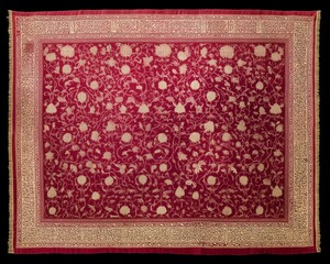 Detailed pattern of a classic Islamic textile featuring arabesque designs and Kufic calligraphy borders for cultural and decorative use