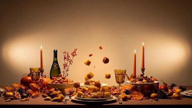 Festive autumn table setting with falling croutons, candles, and seasonal decorations.