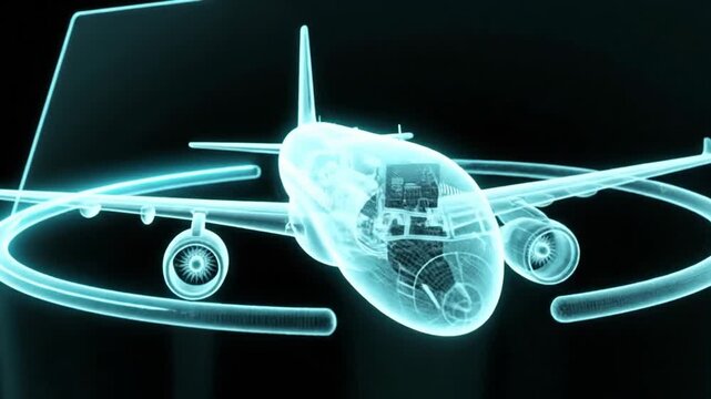 Futuristic airplane blueprint design with glowing lines, showcasing engineering and technology.