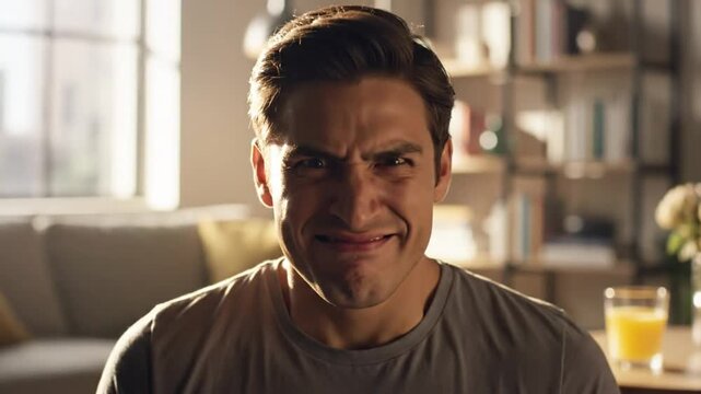 Surprised man reacts with a range of expressions of shock, disbelief, and finally grimacing anger