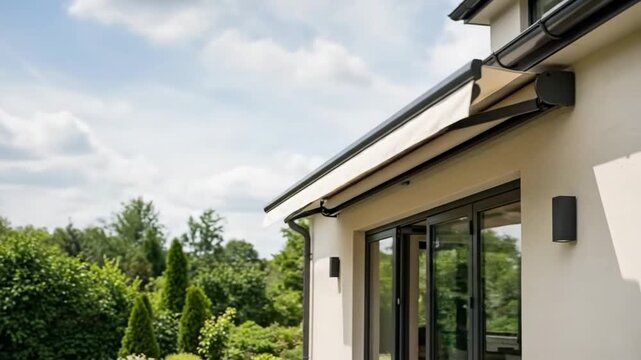 Modern retractable awning providing shade and protection from the sun on a house.