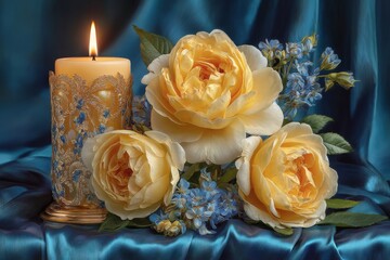 Ornate pillar candle glows beside lush yellow peonies and tiny blue blossoms arranged on rich blue satin, creating a luxurious, serene scene ideal for spa, romance, or decor.