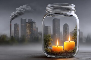 A glass jar holds glowing candles and miniature trees in front of a smoggy city skyline, symbolizing fragile nature, sustainability, and hope amid urban industrial pollution.