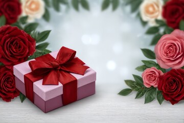 Elegant pink gift box with a red ribbon sits beside lush roses and greenery on a light wooden table, creating a warm romantic mood perfect for celebrations or greeting designs.
