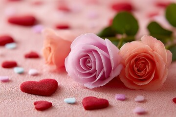 Delicate pastel roses are scattered among red hearts and tiny candies on a soft pink surface, creating a dreamy romantic setting ideal for love, wedding, or Valentine designs.