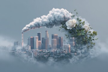 A hazy metropolis emits a cloud of smoke that transforms into blooming white roses, illustrating the tension between urban pollution and the resilience of nature in a surreal style.