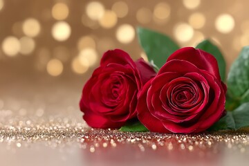 Closeup of two deep red roses resting on shimmering golden glitter with soft bokeh lights, creating an opulent romantic mood perfect for celebrations, invitations, or branding.