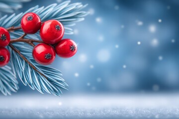 A cluster of glossy red berries and frosted fir needles stands out against a dreamy snowy backdrop, perfect for festive winter cards, seasonal promotions, or holiday designs.