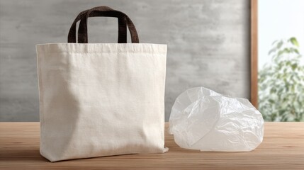 A sturdy cloth tote stands beside a wrinkled plastic bag on a wooden surface, clearly contrasting sustainable shopping choices for eco campaigns, retail brands, or education.